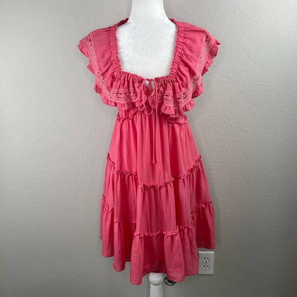 Lush Pink Blossom Lace Tie Back Square Neck Tiered Sleeveless Mini Dress SM NWT - Picture 11 of 12